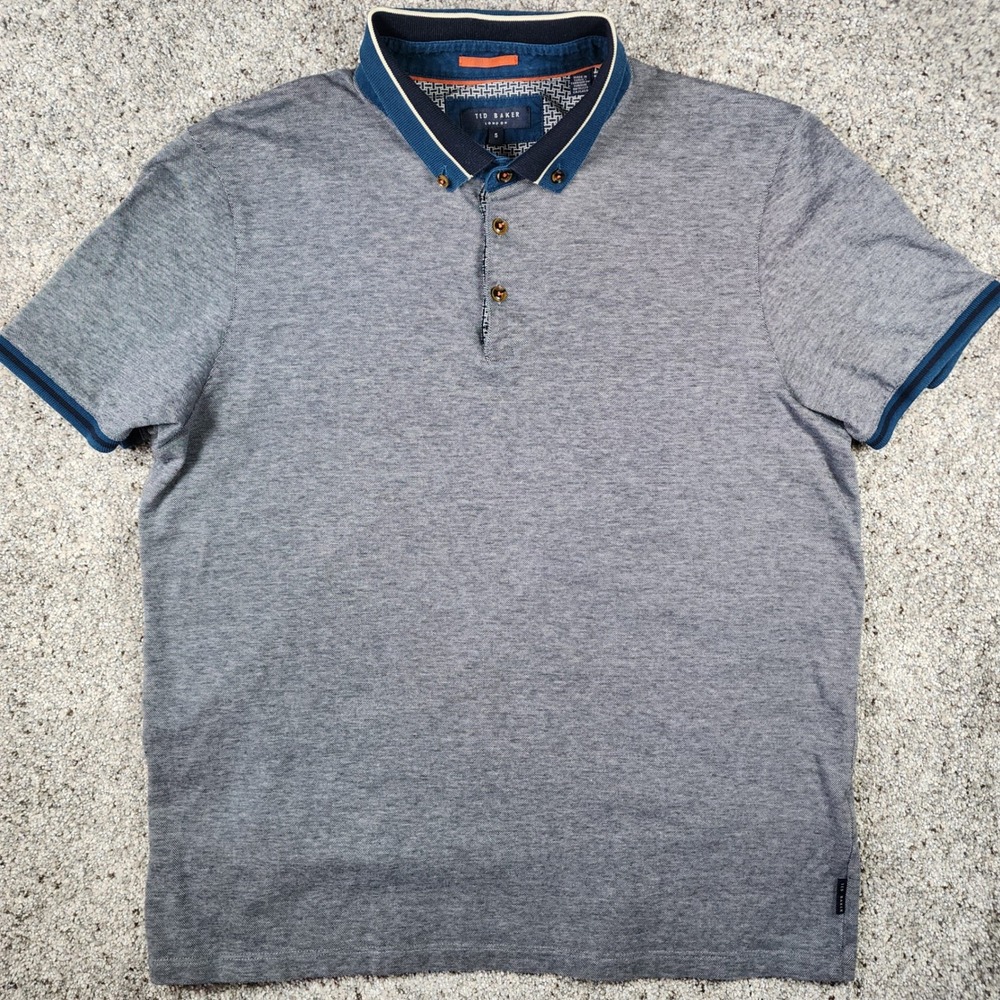 Ted Baker Polo Shirt Mens 5 Measures Small Grey Sunstir Birdseye Knit Cotton EUC